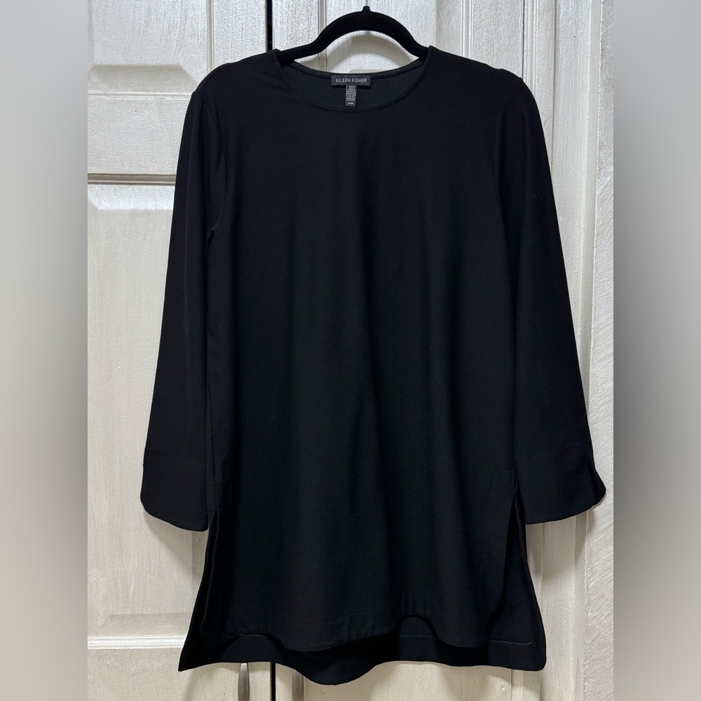 Eileen Fisher Size M Black 3/4 Sleeve Tunic Crew Neck Pullover Top